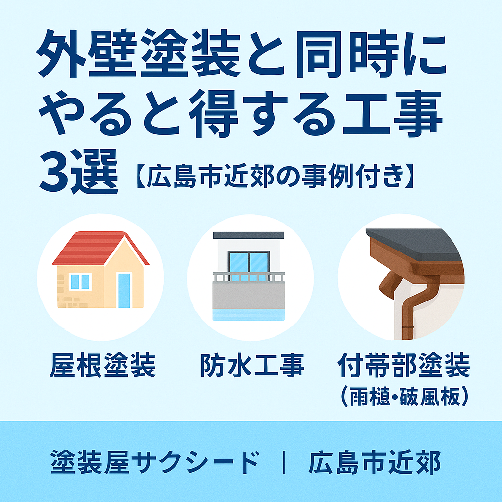 外壁塗装と同時にやると得する工事3選（屋根塗装・防水工事・付帯部塗装）を広島市近郊の事例付きで解説するアイキャッチ画像｜塗装屋サクシード