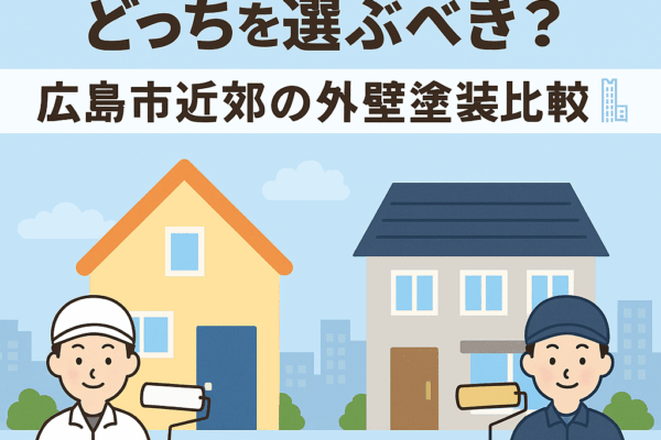 広島市近郊の外壁塗装比較｜地元業者と全国チェーンの特徴と選び方を解説するイラスト