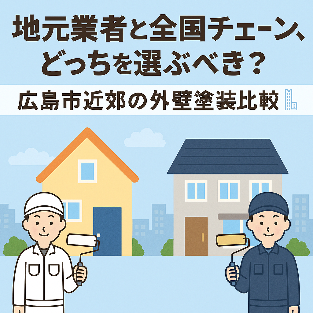 広島市近郊の外壁塗装比較｜地元業者と全国チェーンの特徴と選び方を解説するイラスト